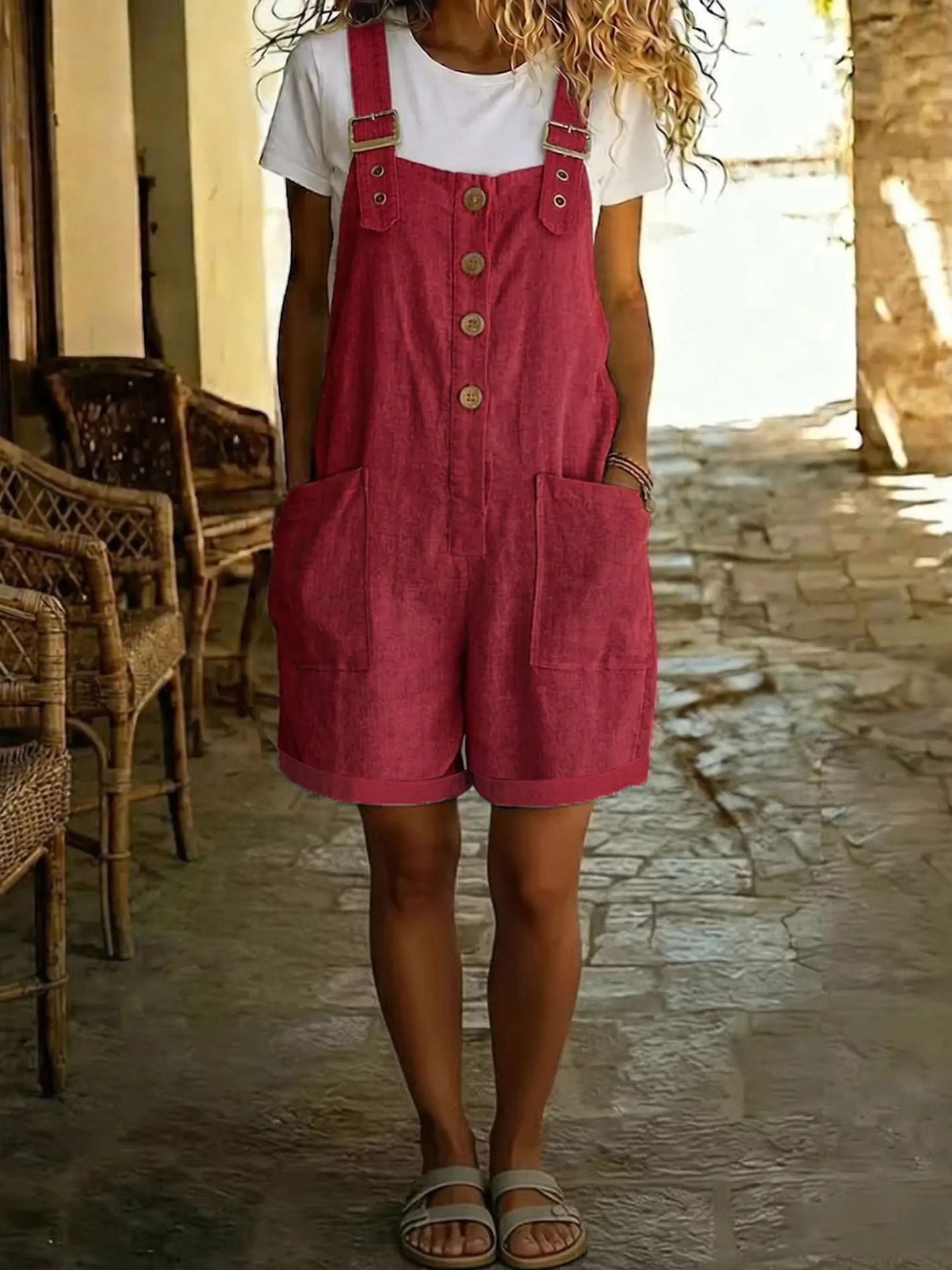 Women's Summer Linen Solid Color Retro Pocket Straight Women's Jumpsuit/clothing