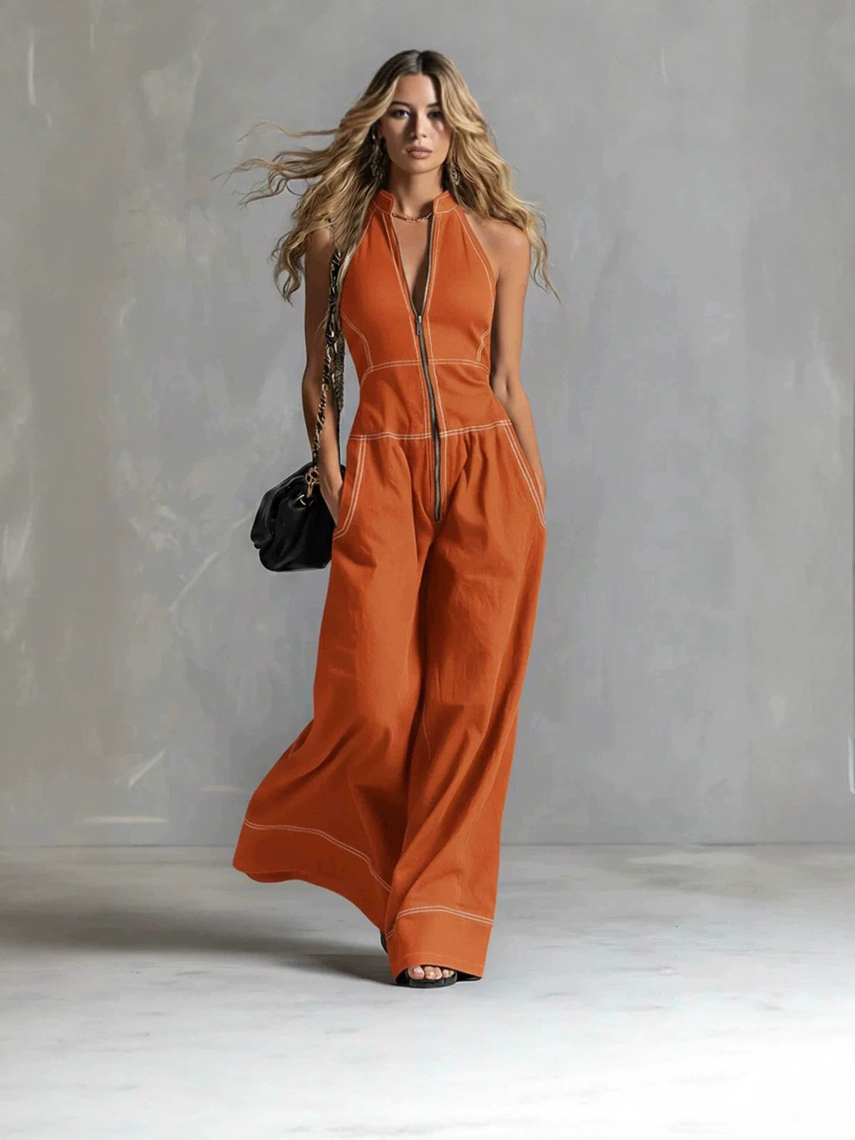 Fashion Monochrome Stand Collar Sleeveless Loose Casual Women's Jumpsuit/clothing
