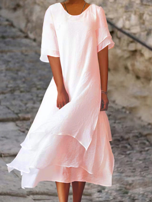 Cotton Linen Color Matching Slit Sleeve Dresses