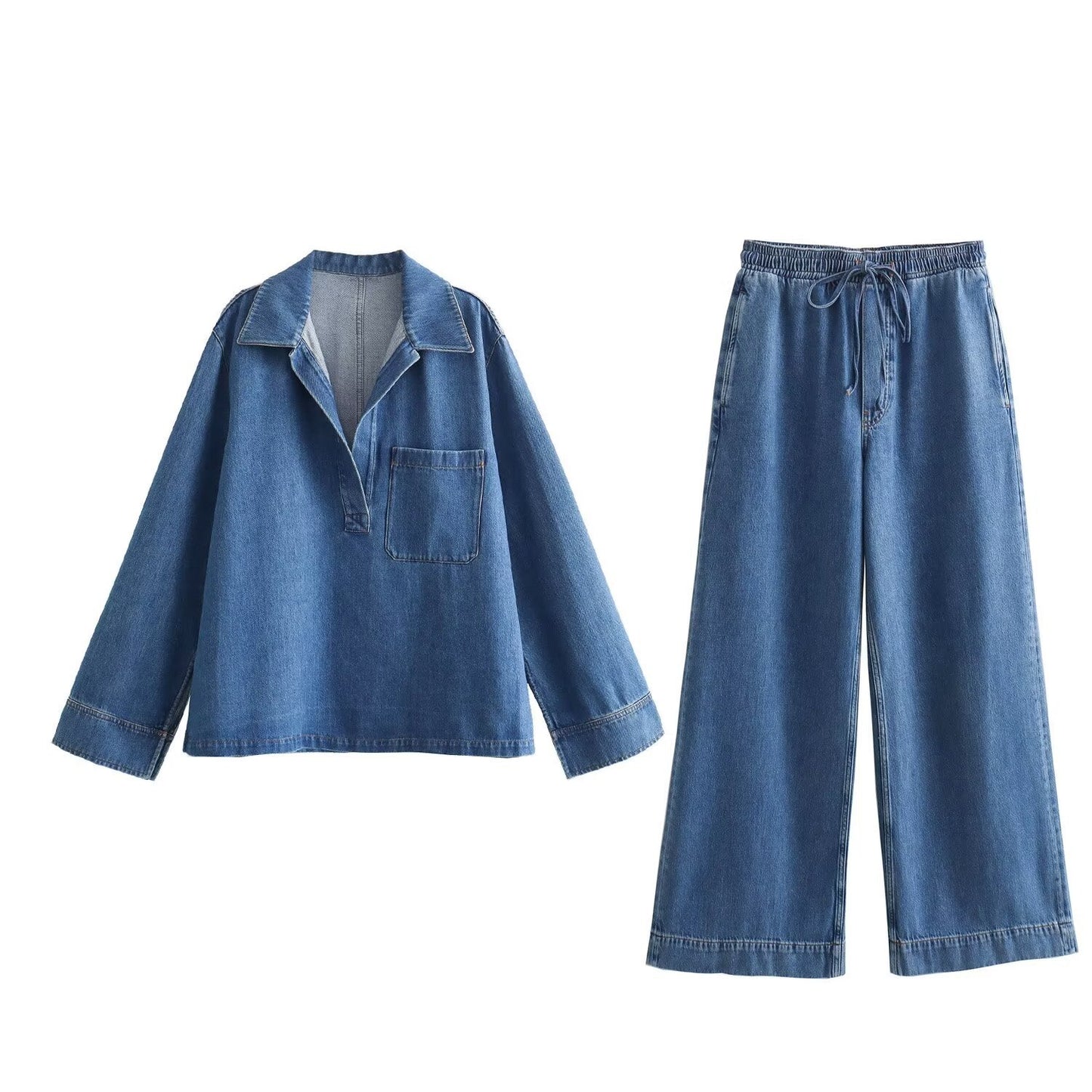 Women's Spring French Fashion Washed Blue Denim Suits