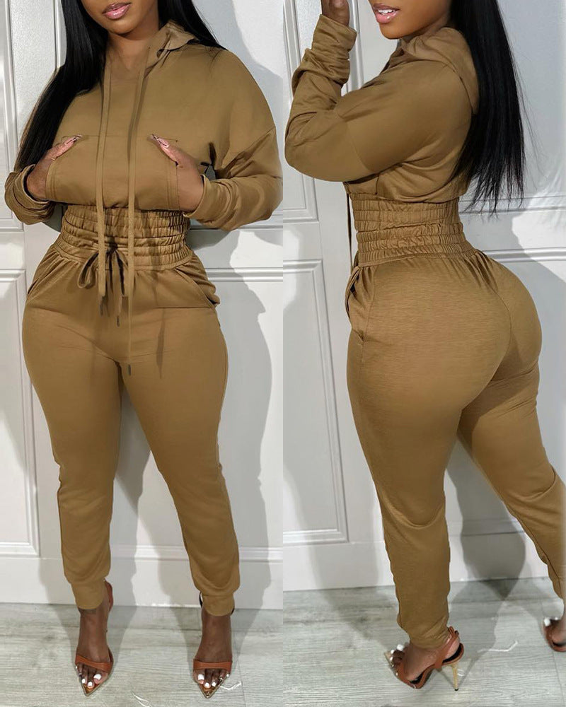 Full Solid Color Waist Hooded Jogging Blouses