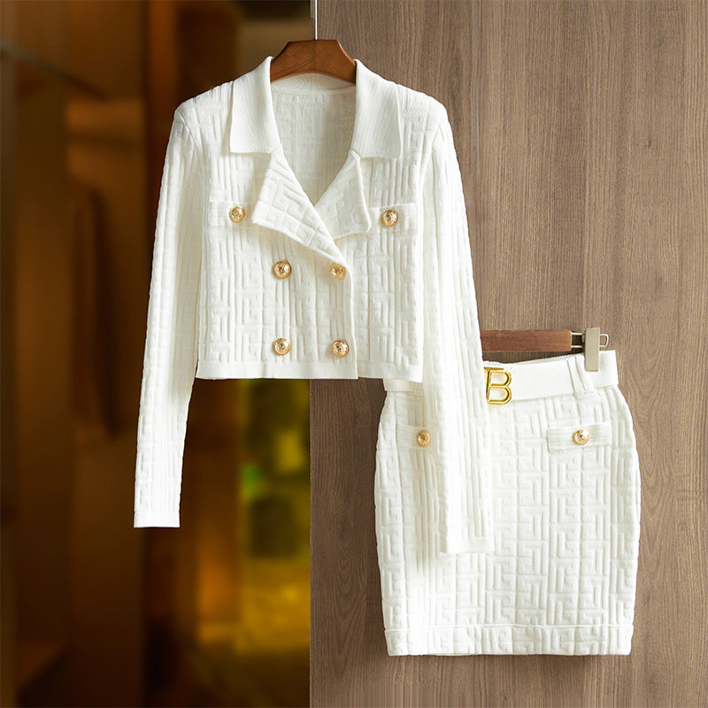 Khaki Jacquard Knitted Collar Two-piece Fashion Suits