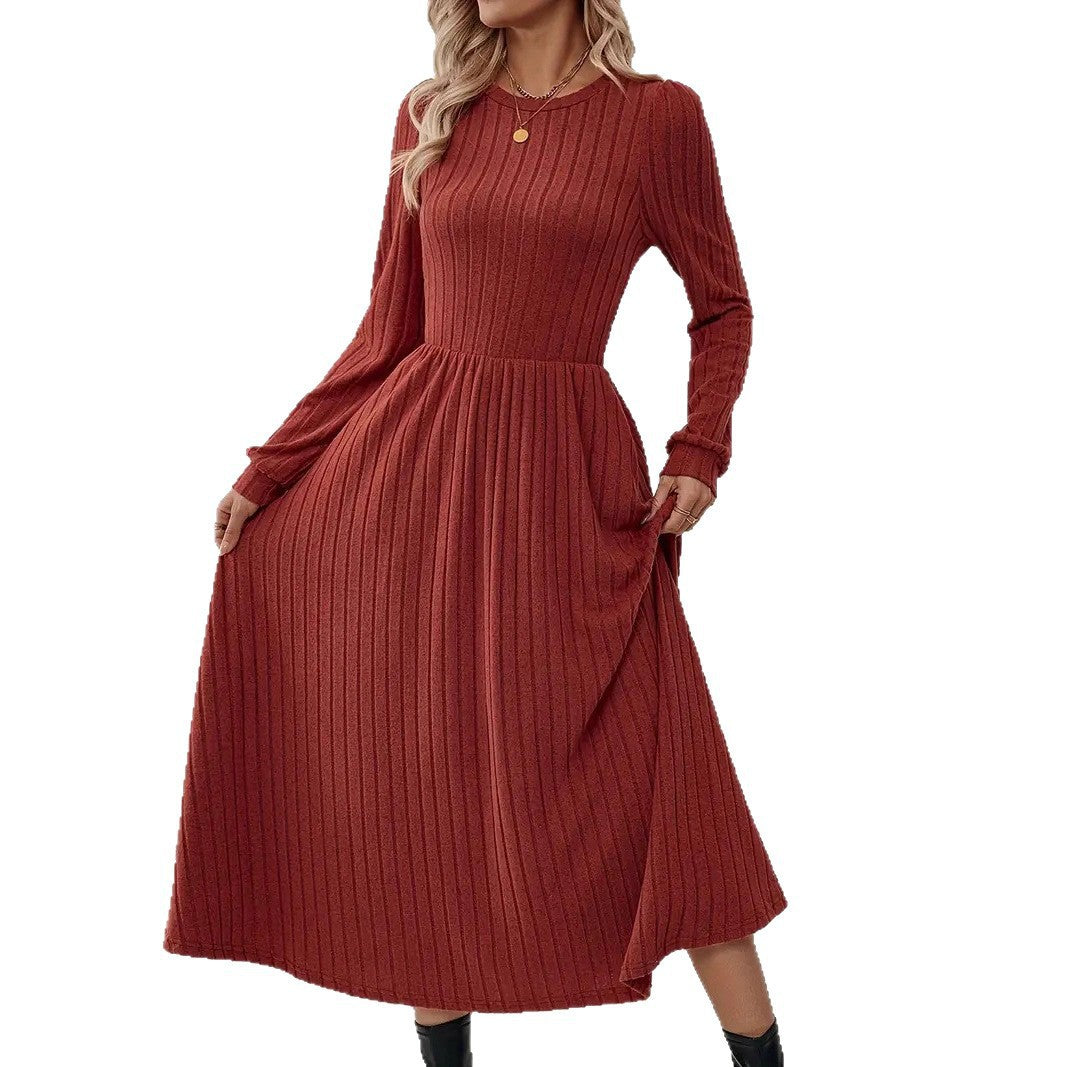 Women's Long Round Neck Solid Color Swing Knitted Dress