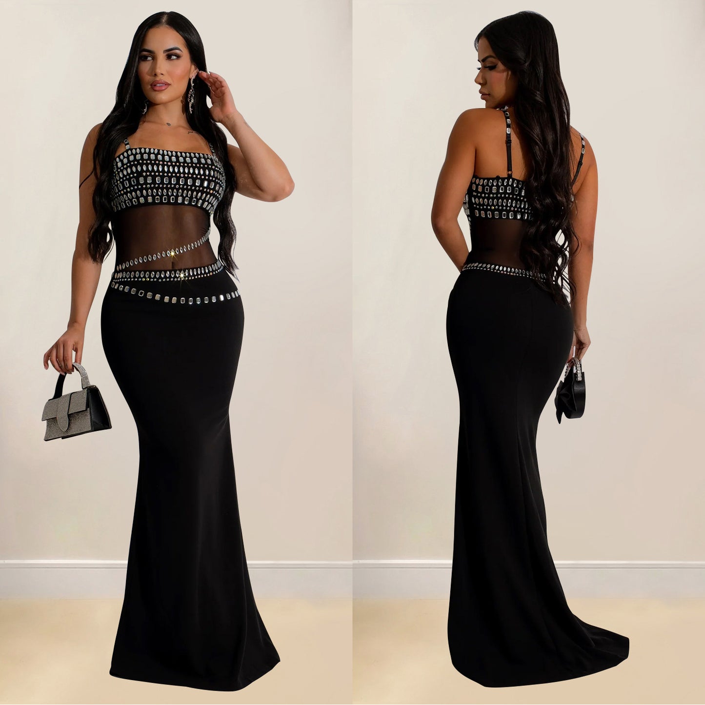 Women's Fashion Wear Rhinestone Mesh Dress Long Dresses
