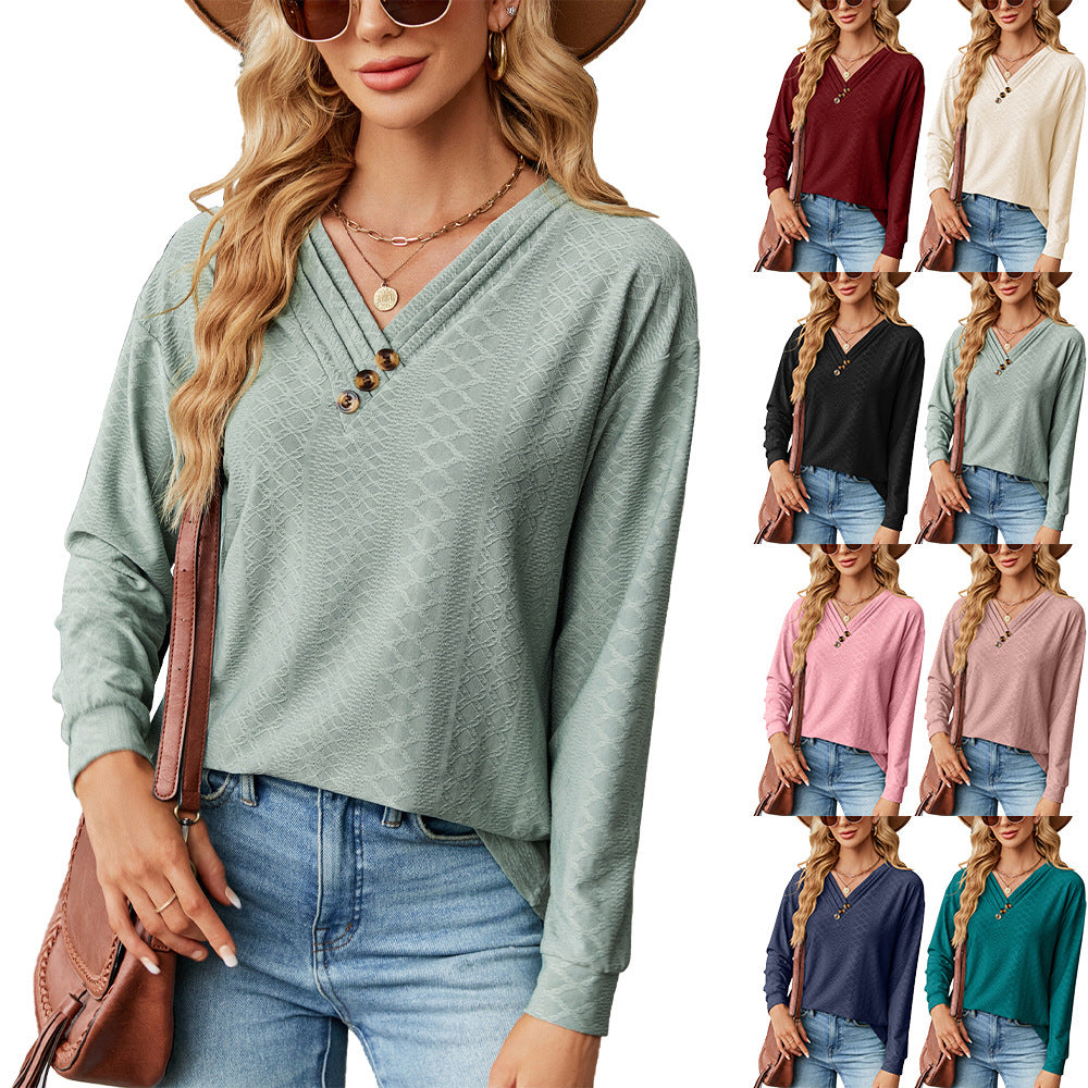 Women's Solid Color Button Loose Long-sleeved Clothing
