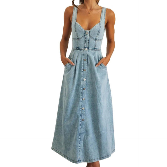 Women's Summer Blue Denim Distressed Strap Single Dress