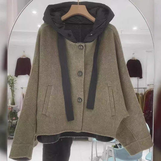 Women's Woolen Double-faced Goods Wool Overcoat Hooded Batwing Coats