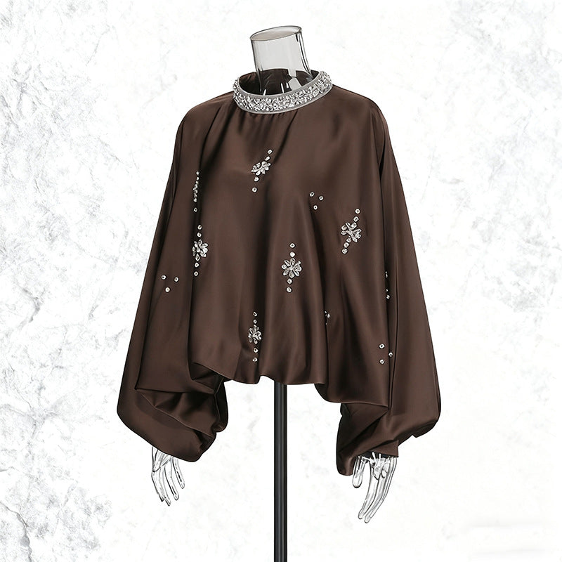 Vintage Style Design Round Neck Rhinestone Loose Blouses