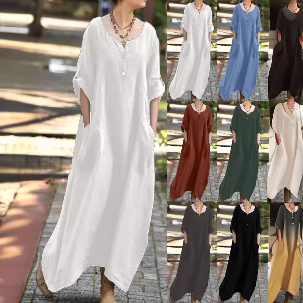 Women's Casual Loose Long Sleeve Pocket Party Cotton Linen Dress