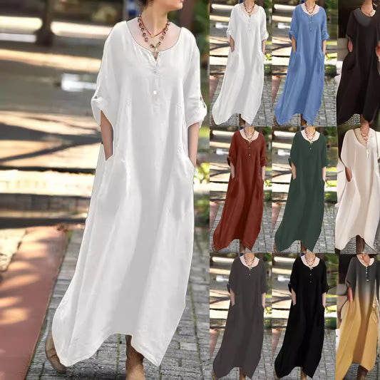 Women's Casual Loose Long Sleeve Pocket Party Cotton Linen Dress