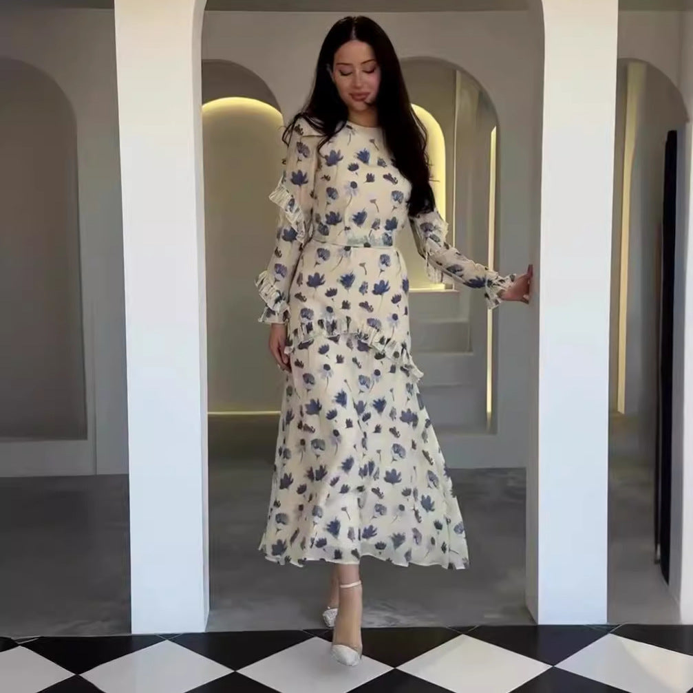 Women's Gentle Floral Dress Round Neck Long Dresses