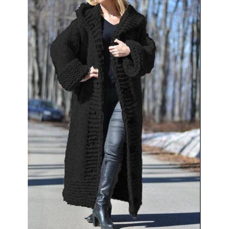 Women's Winter Hooded Single-breasted Solid Color Knitted Sweaters