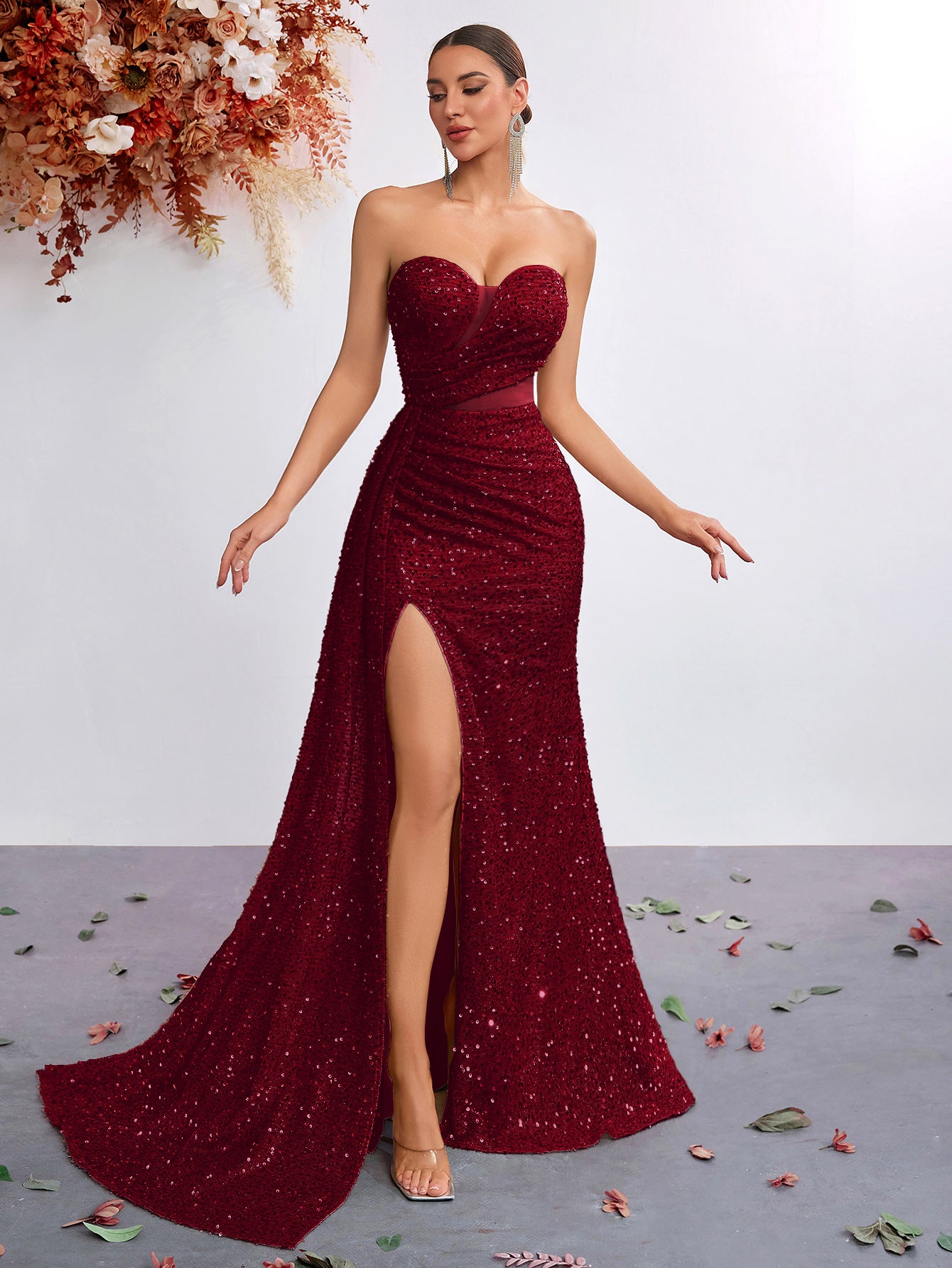 Sequined Tube Sexy High Waist Slit Fishtail Banquet Dress