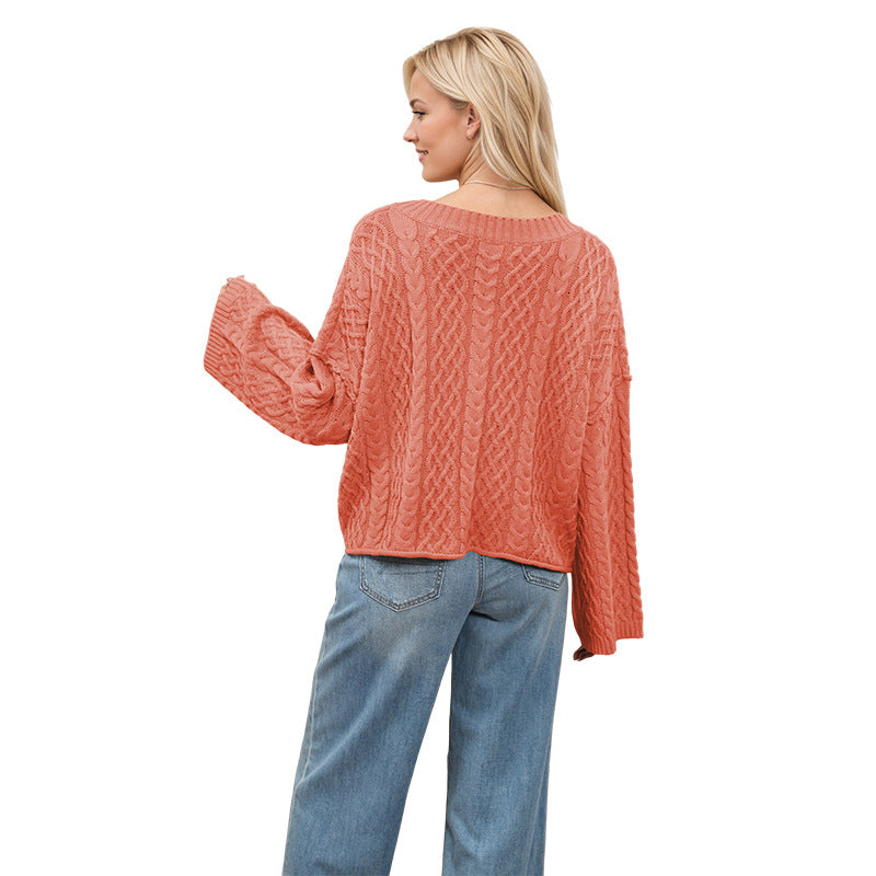 Solid Color Twist Single-breasted Double Pocket Sweaters
