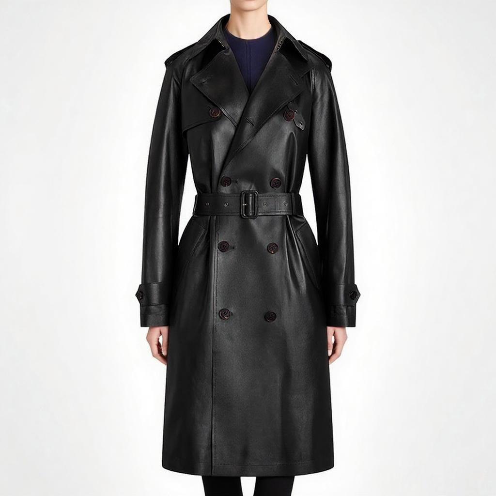 Fashionable Double-breasted Belt Mid-length Leather Wind Coats