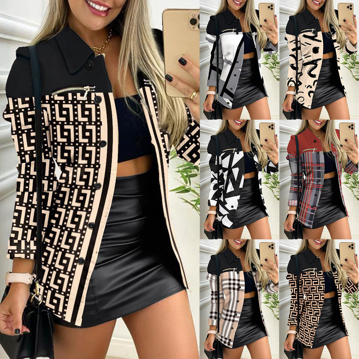 Women's Long-sleeved Single-breasted Zipper Printing Lapel Jackets