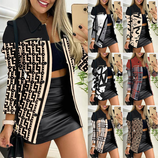 Women's Long-sleeved Single-breasted Zipper Printing Lapel Jackets