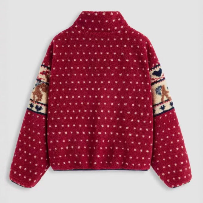 Christmas Snowflake Moose Zipper Pocket Woolen Coats