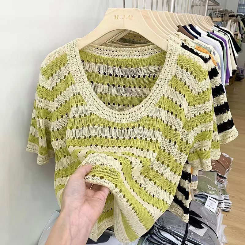Women's Thin Hollow Loose Striped Summer Design Women's T-shirt
