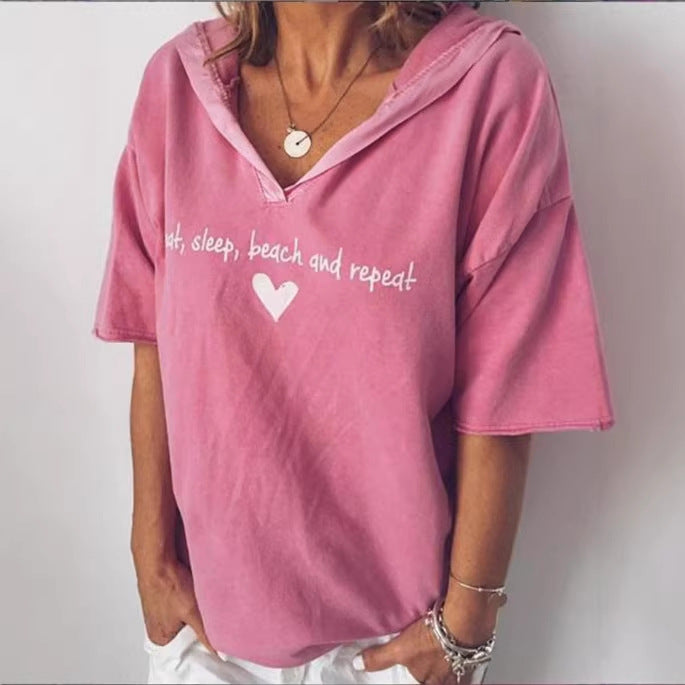 Women's Solid Color Letter Print Hooded Short-sleeved Women's T-shirt