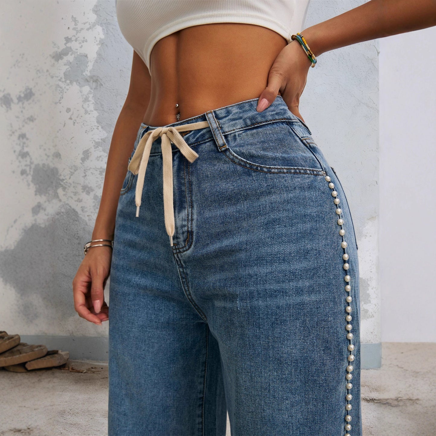 Women's Retro Wide Leg Washed Beaded Drawstring Jeans