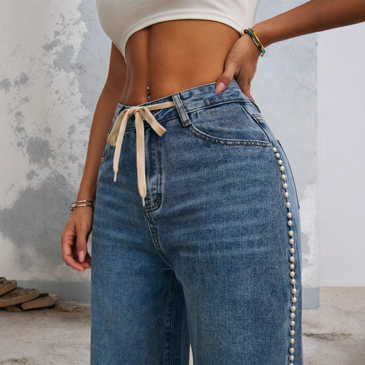 Women's Retro Wide Leg Washed Beaded Drawstring Jeans