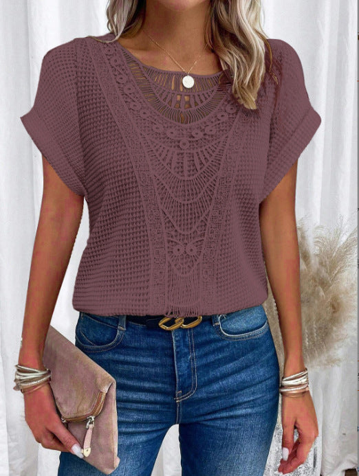 Pretty Fashion Women's Lace Patchwork Short-sleeved Women's T-shirt