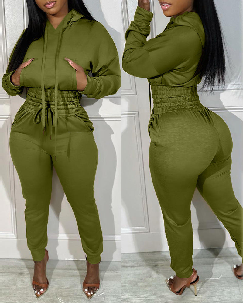 Full Solid Color Waist Hooded Jogging Blouses