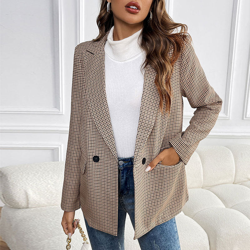 Classic Plaid Button Lapel Pocket Commuter Blazers