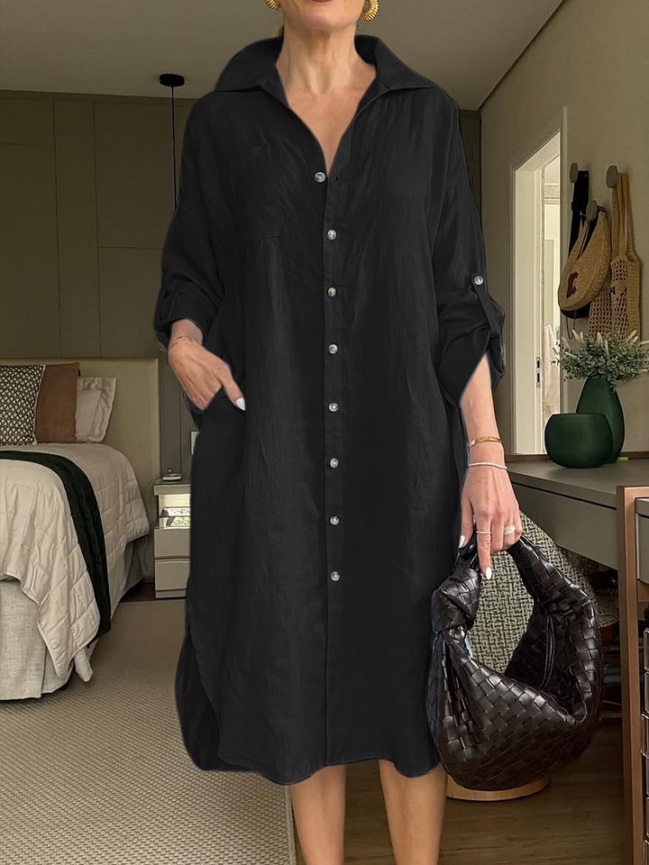 Women's Cotton Linen Shirtdress Fashion Casual Long Dress