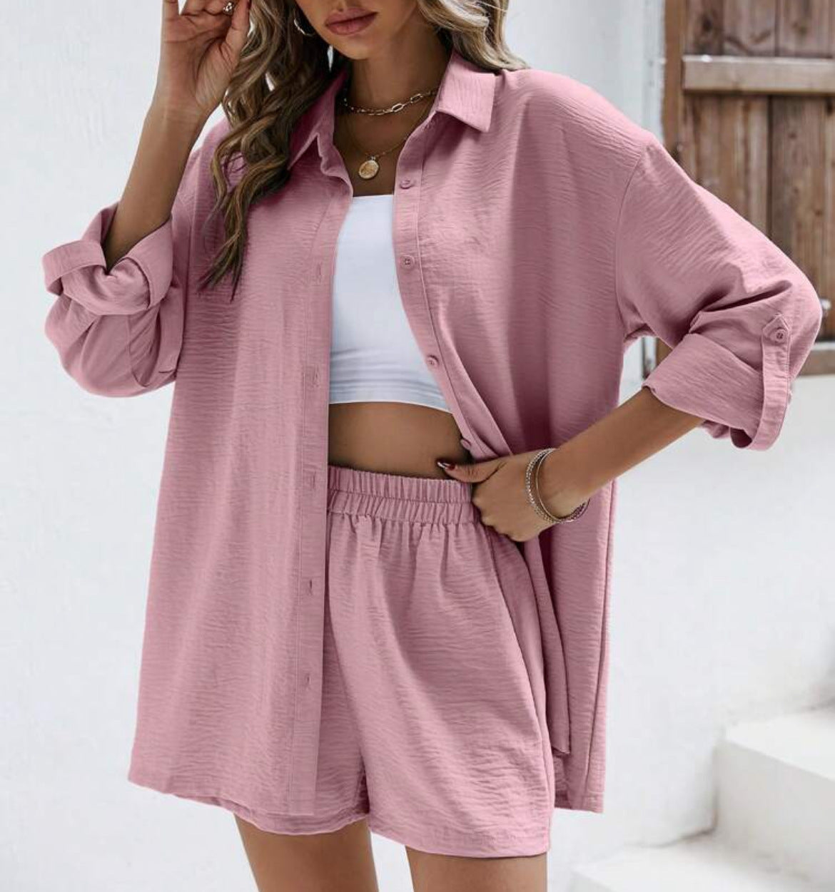 Women's Solid Color Lapel Long Sleeve Shirt Elastic High Waist Fashion Casual Suit