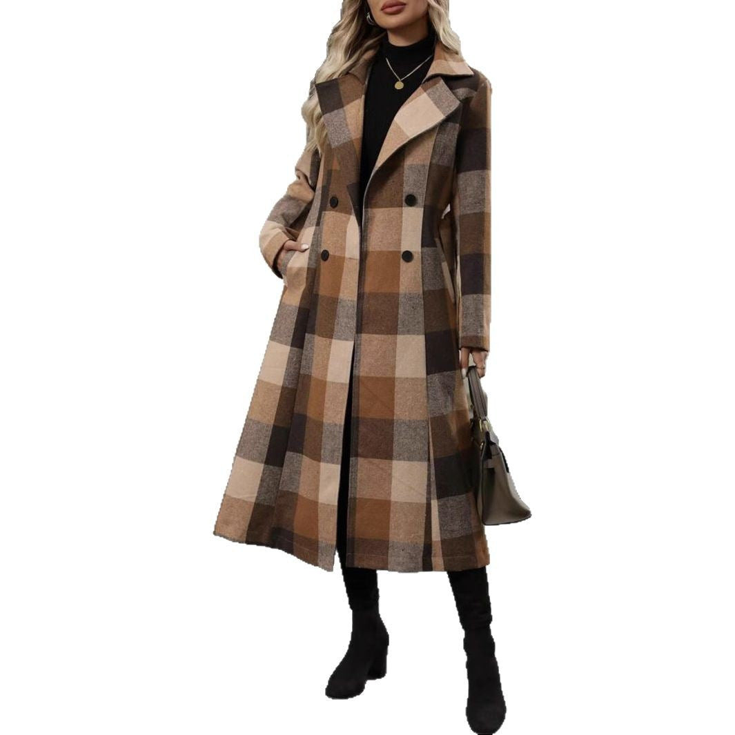 Women's British Style Belt Extended Plaid Trench Coats