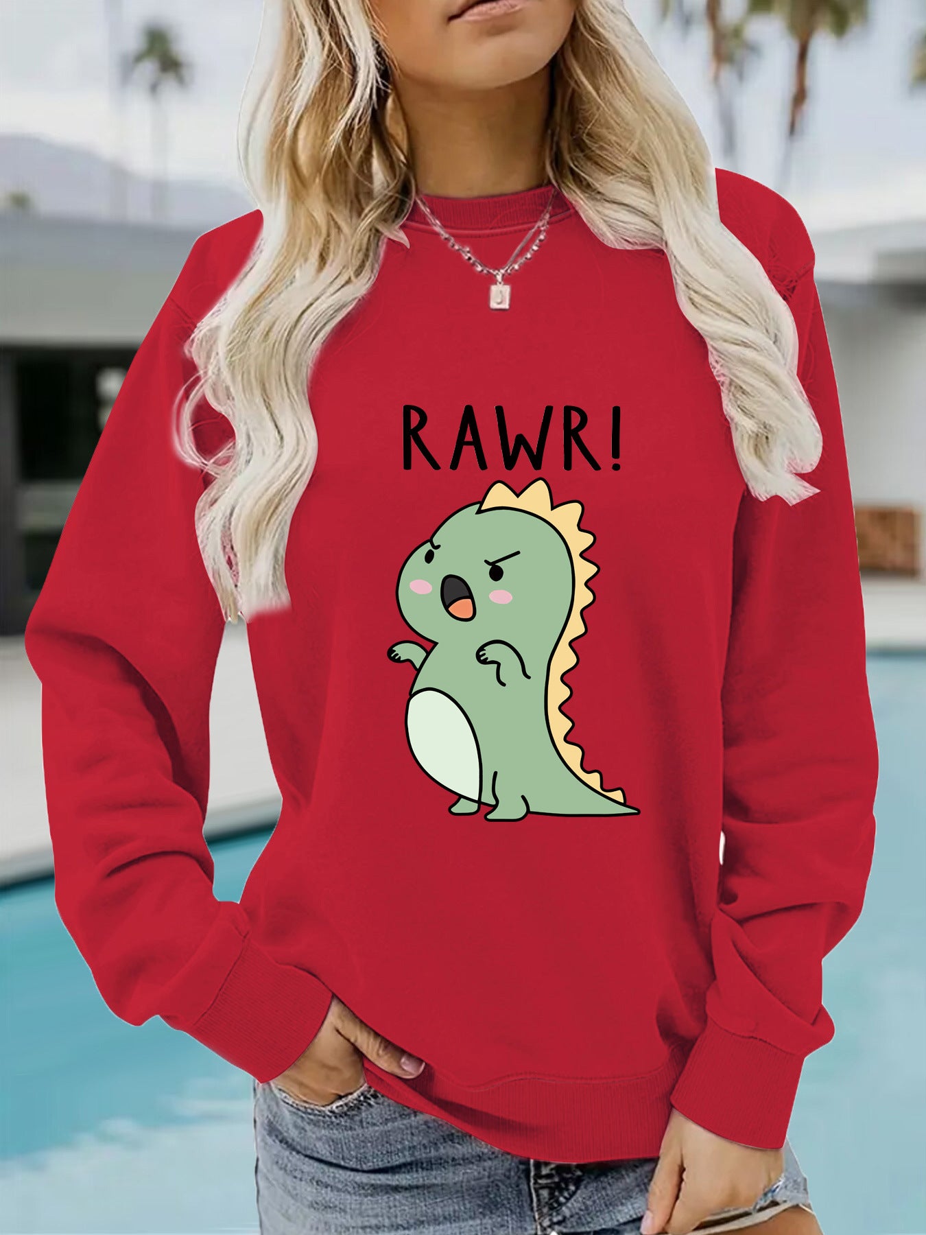 Women's Sleeve Round Neck Cartoon Dinosaur Print Sweaters