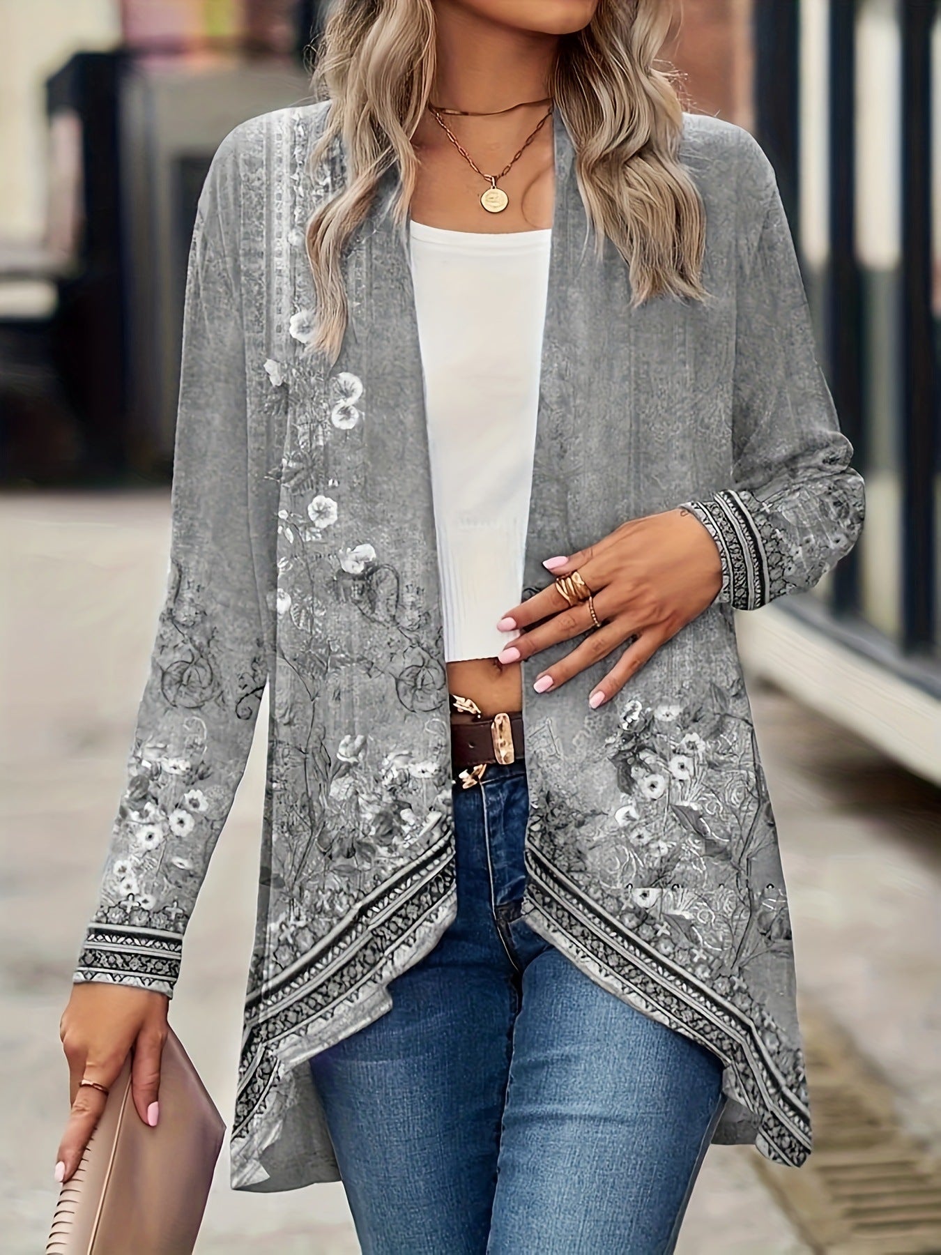 Women's Autumn Long Sleeve Plant Flower Print Cloak Cardigans