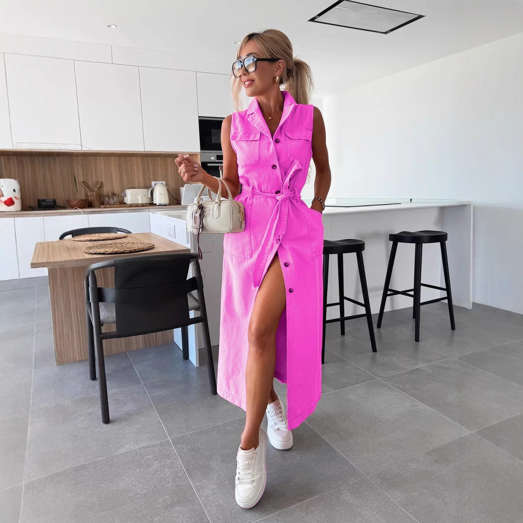 Sleeveless Long Tie Waist Single-breasted Denim Dresses