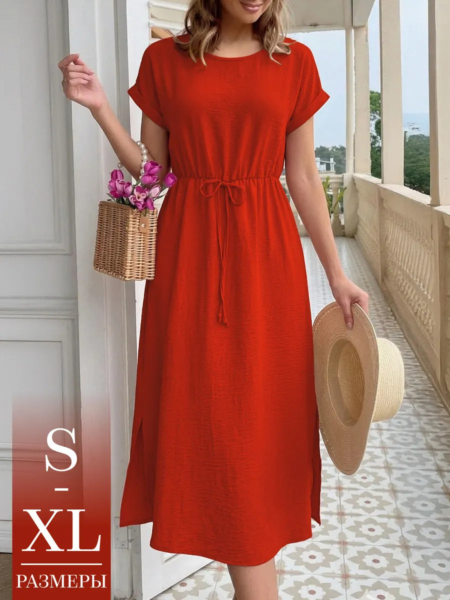 Women's Summer Casual Round Neck Loose Waist Trimming Short-sleeved Dress