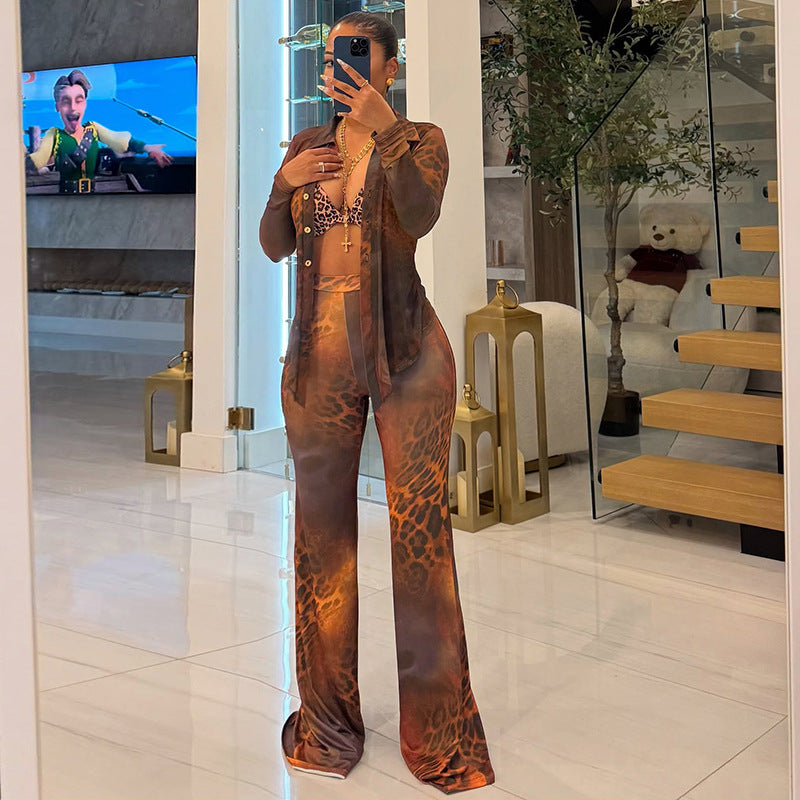 Women's Printed Mesh Lapel Long Sleeve Button Flared Cardigans