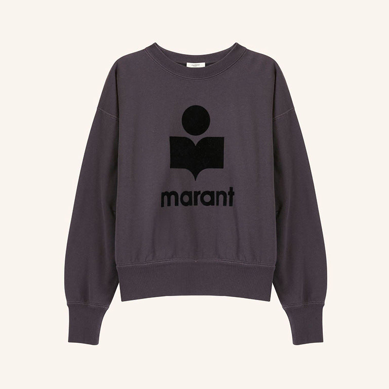 Women's Classic Flocked Printed Black White Cotton Crew Sweaters