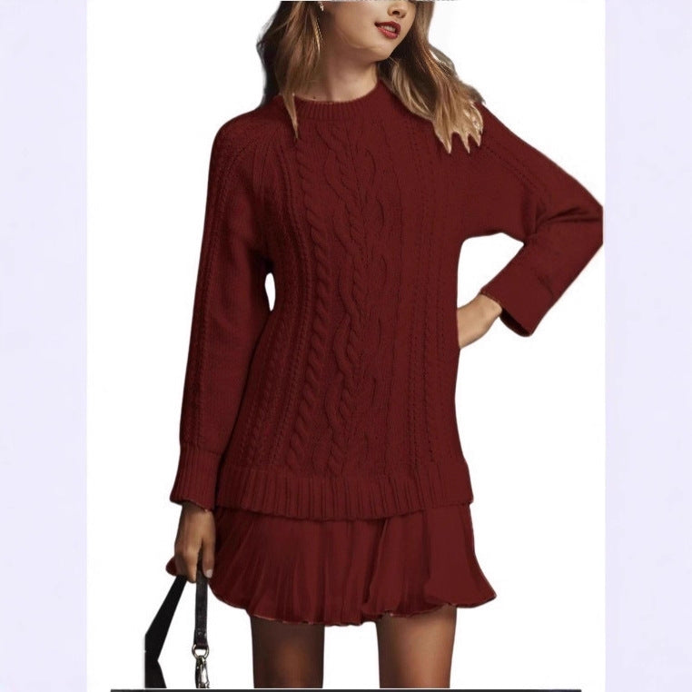 Women's Round Neck Solid Color Long Sleeve Skirts
