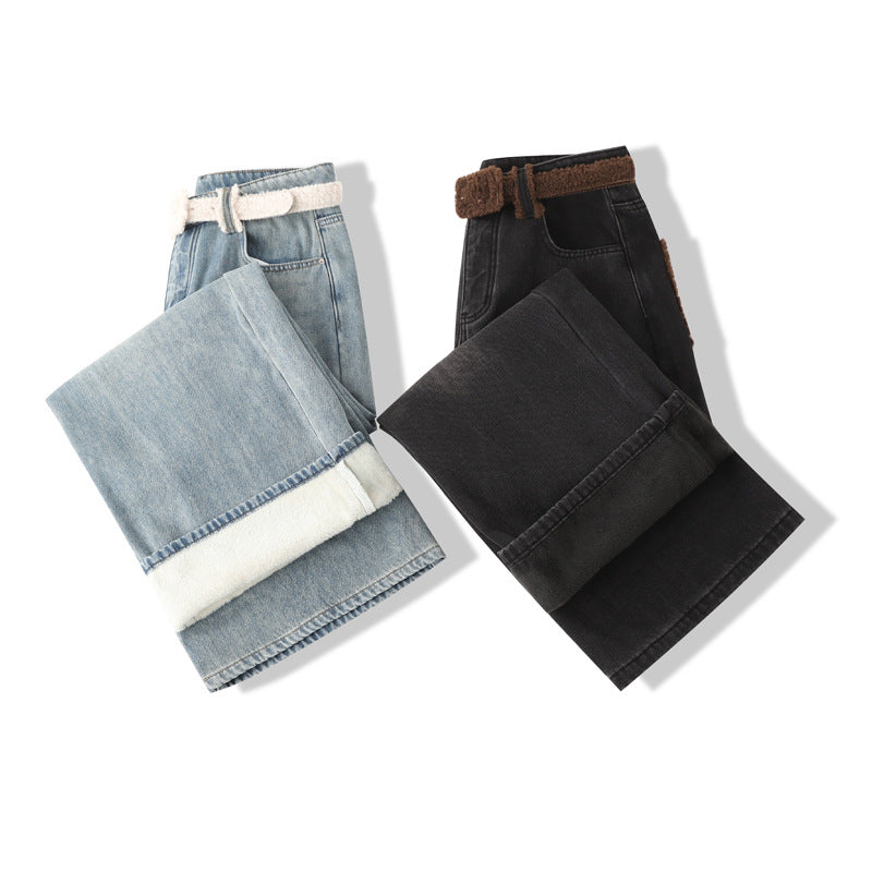 Women's Fleece-lined Thickening Wide Leg Retro Hot Style Jeans