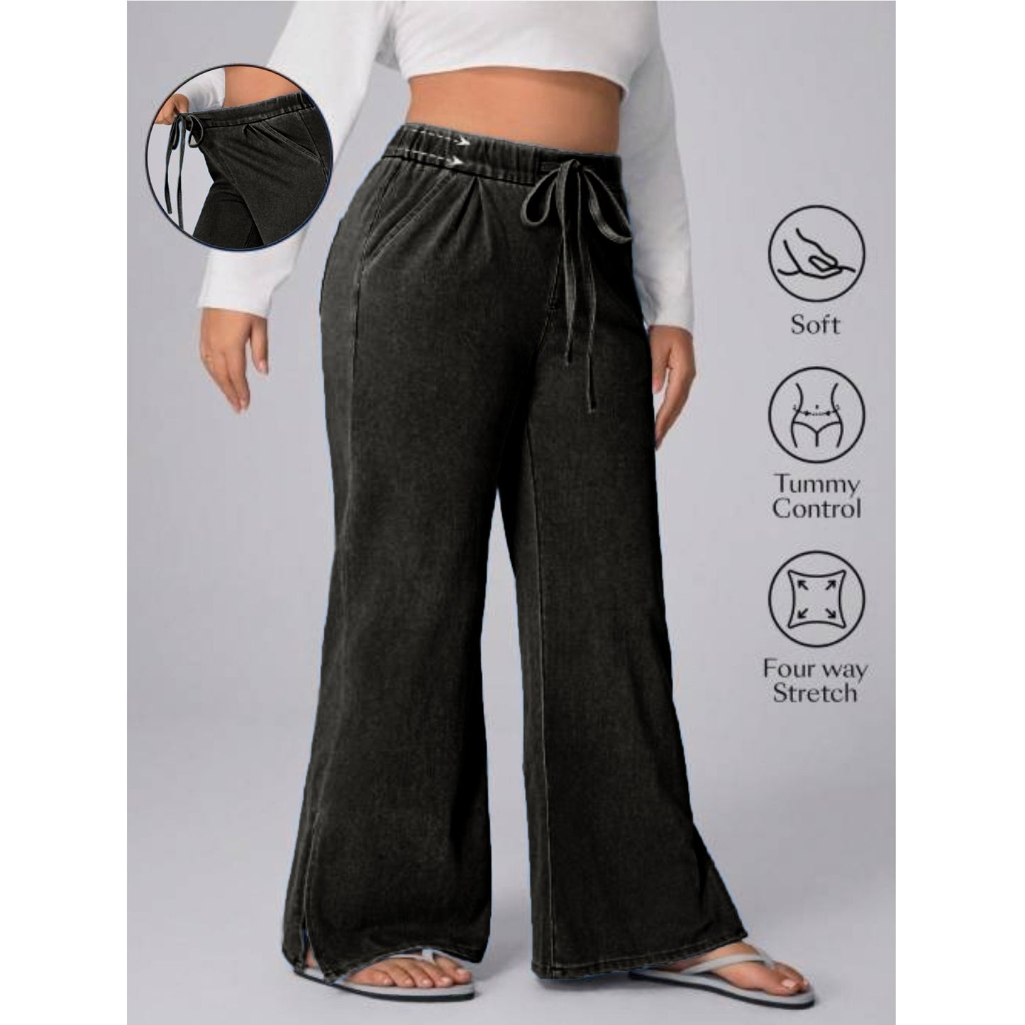 Women's Drawstring Washed Stretch Casual Loose Wide Pants