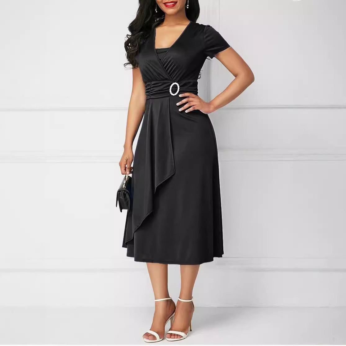 Women's Sexy Asymmetric Large Swing High Waist Mid-length Solid Dress
