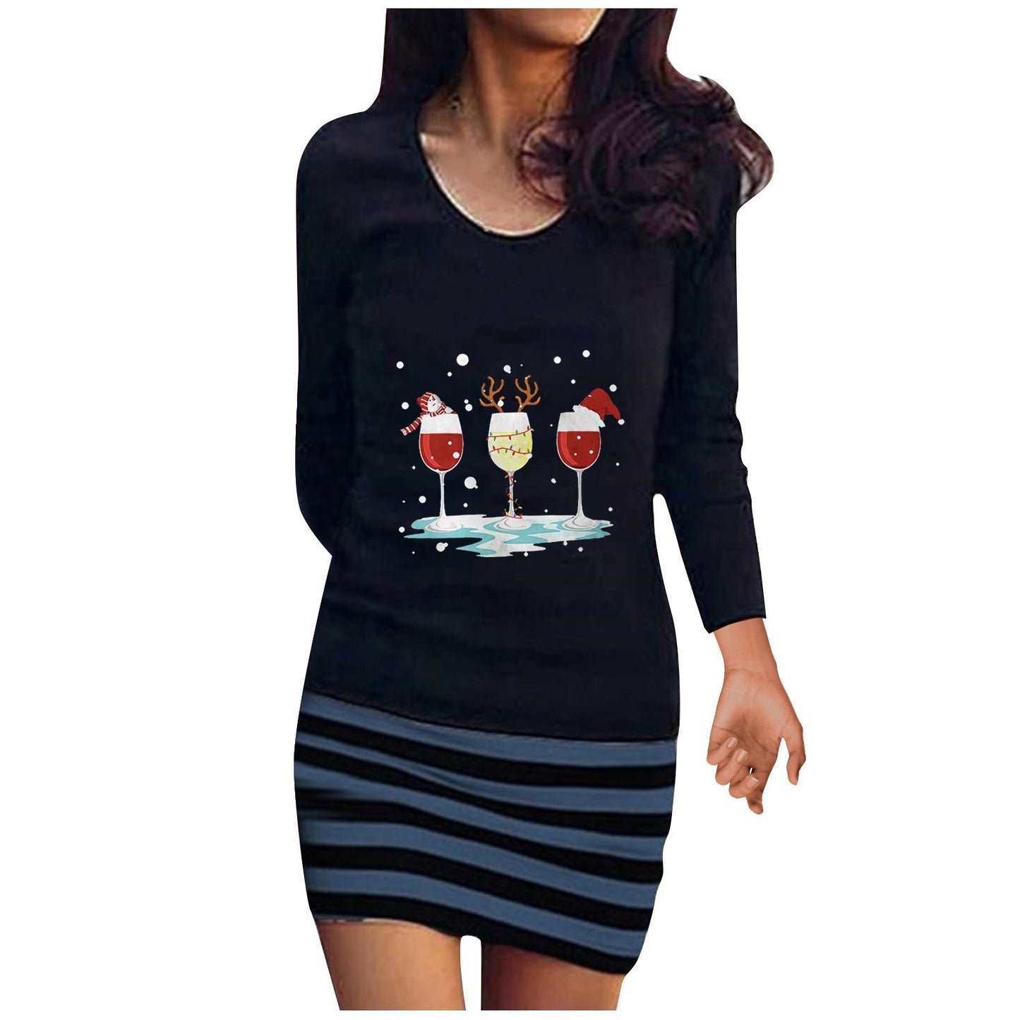 Fashion Round Neck Long Sleeve Three Dress
