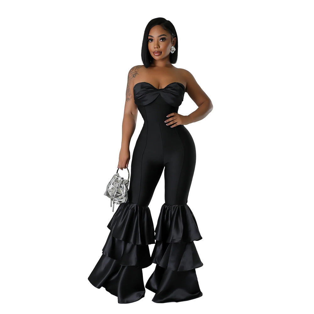 Women's Fashion Sexy Tube Solid Color Pleated Jumpsuits
