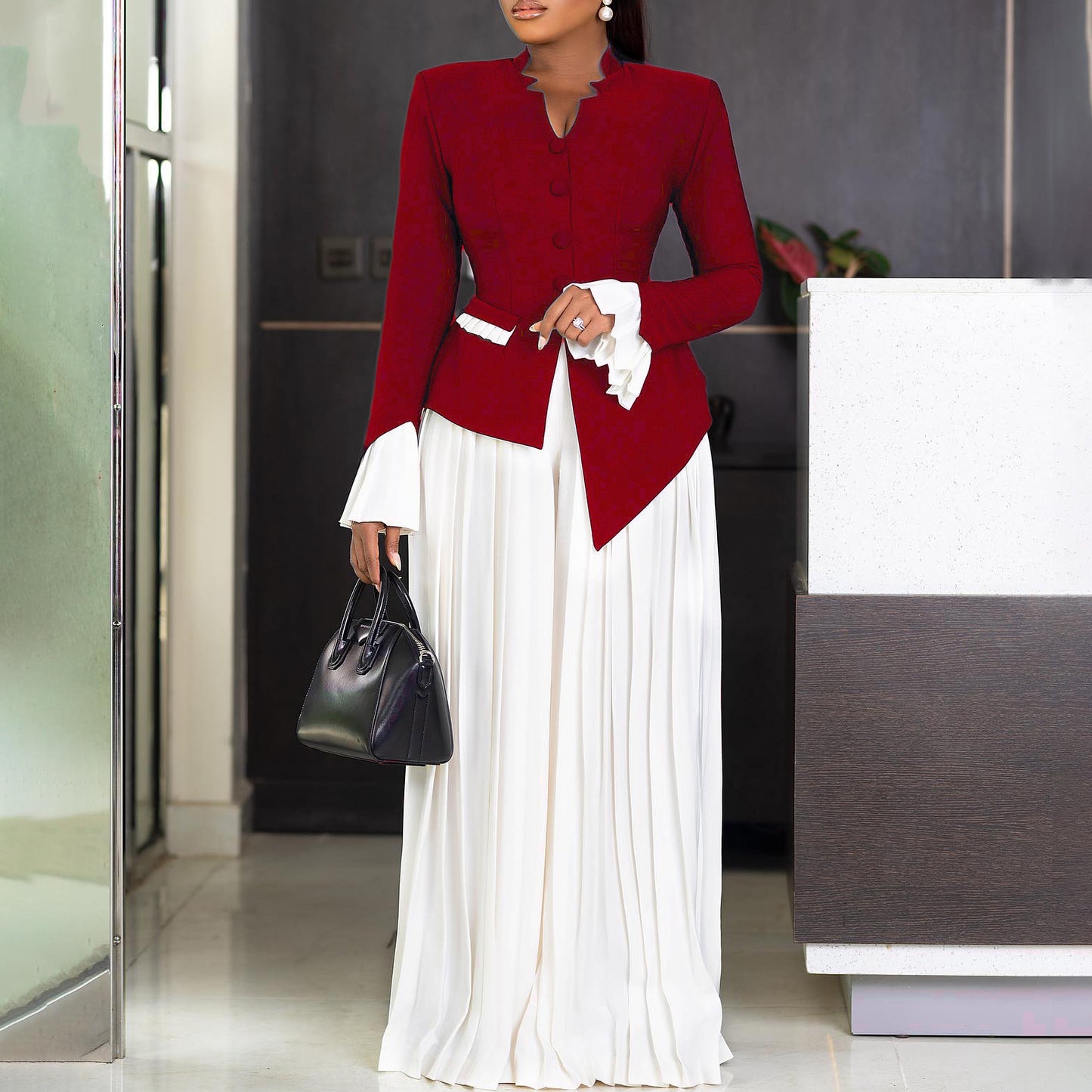 Elegant Flare Sleeve Pleated Wide Leg Two-piece Suits