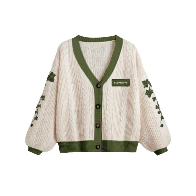 Women's Leaf Embroidery Lantern Sleeve Loose Casual Sweaters