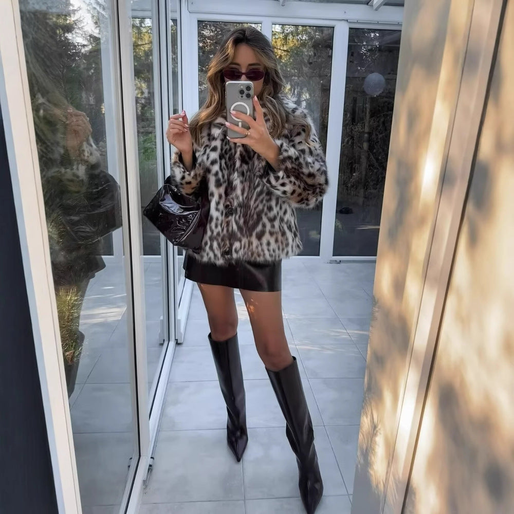 Women's Leopard Print Niche Lapels Imitation Fur Jackets