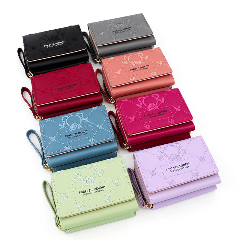 Women's Korean Style Cute Bear Embroidered Short Ladies Wallets