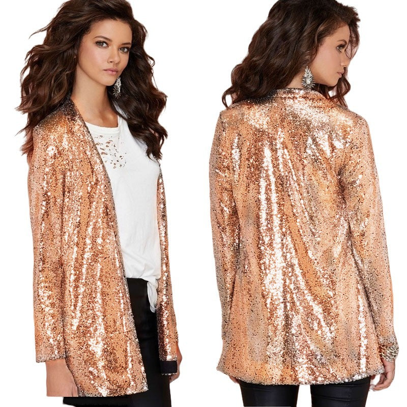 Women's Performance Dress Golden Sequined Nightclub Wear Without Buckle Blazers