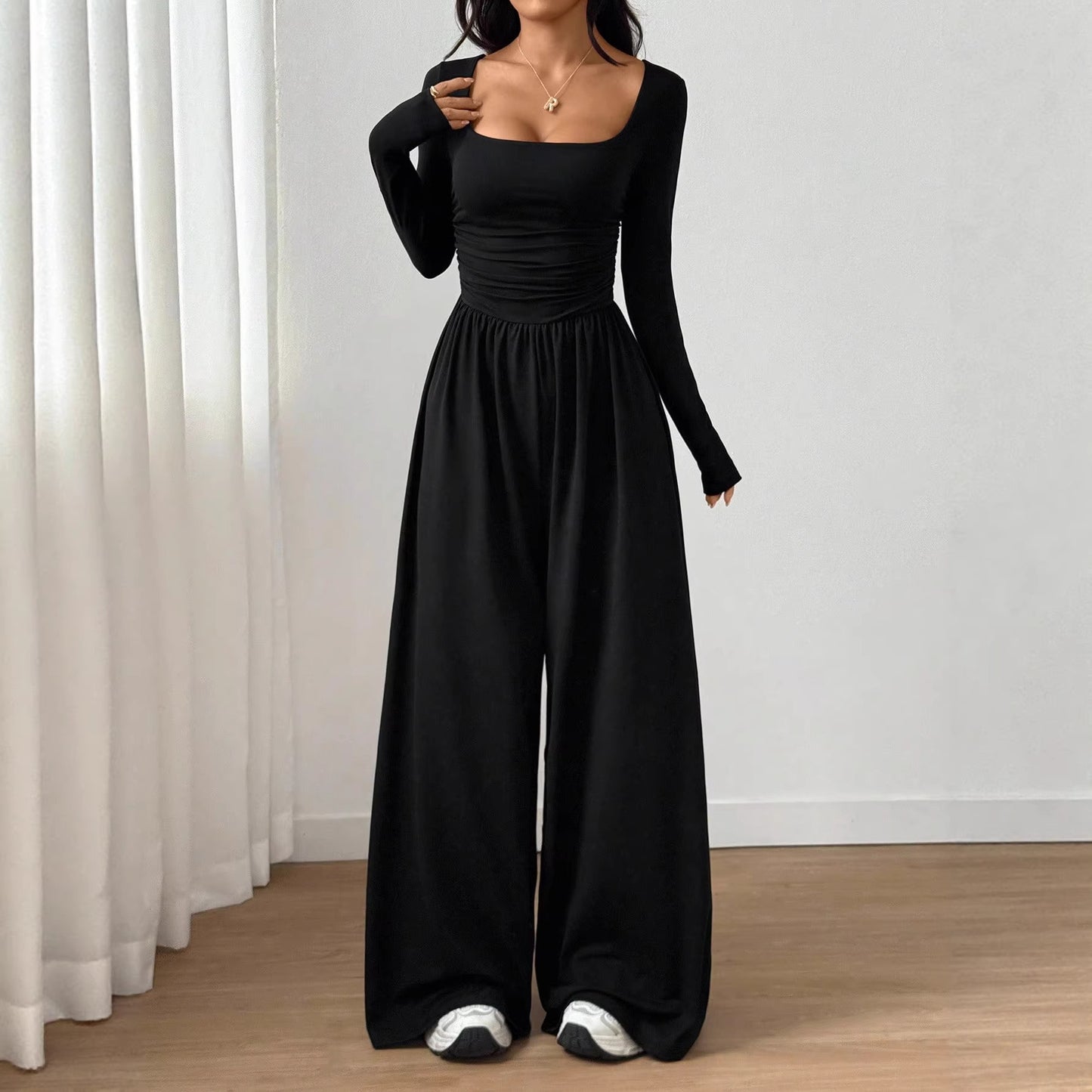 Women's Square Collar Long Sleeve Tight Waist Pants